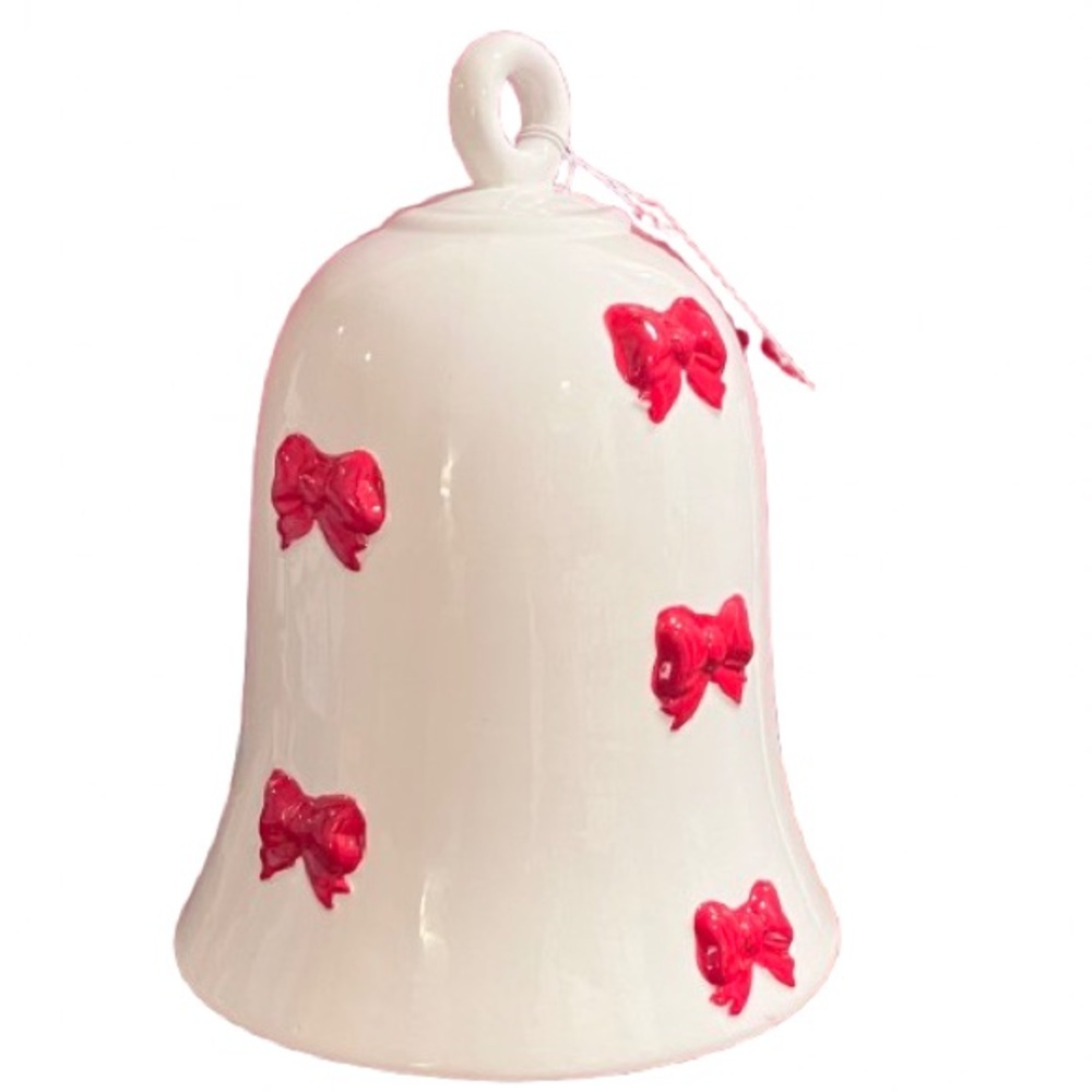 🆕-Martha Stewart 10.5” Ceramic Holiday Red Bow Bell Christmas Decor. Gorgeous